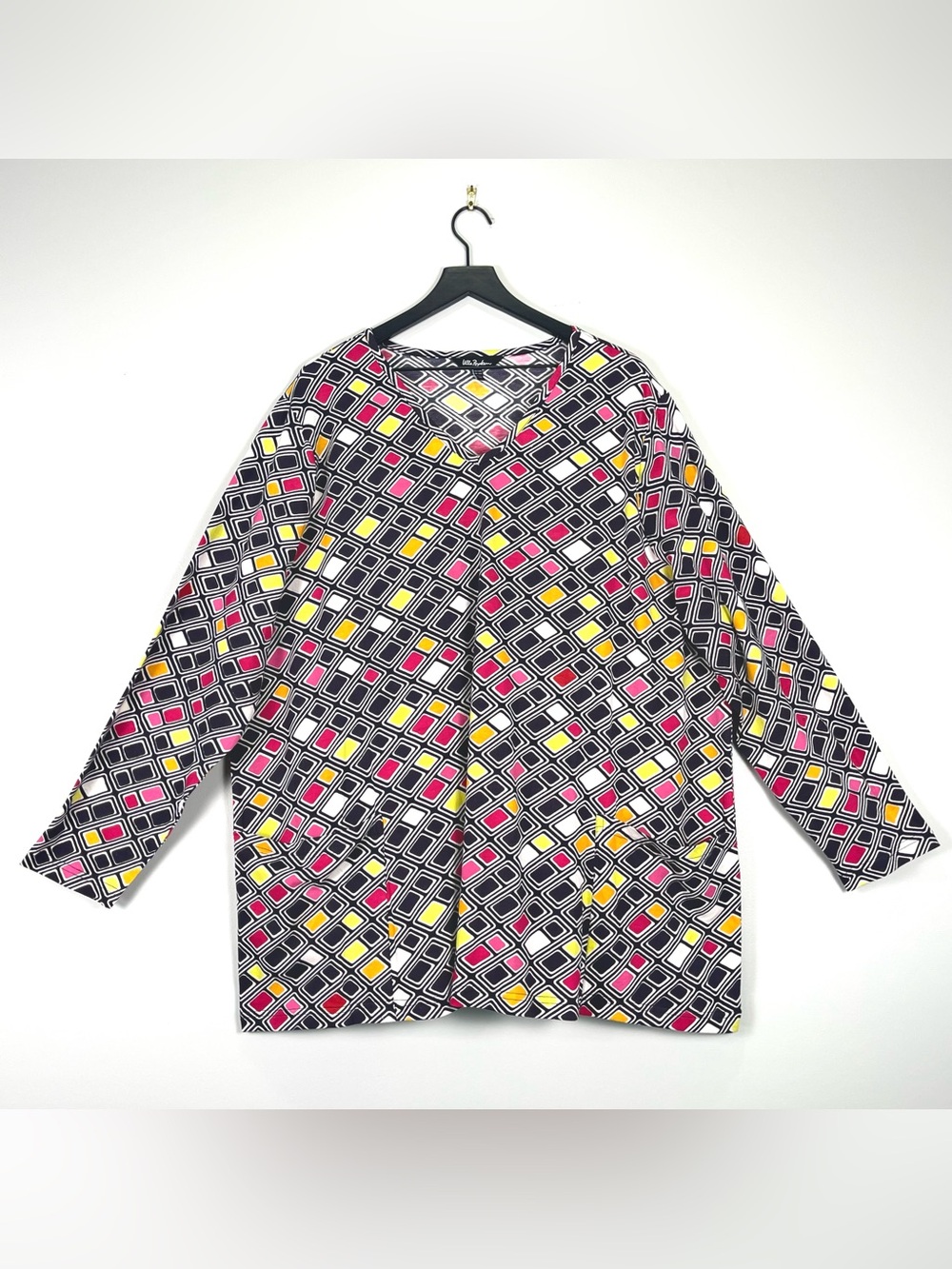 ULLA POPKEN Women's V-Neck Black Colorful Diamond Print Pockets Size 24/26 3XL